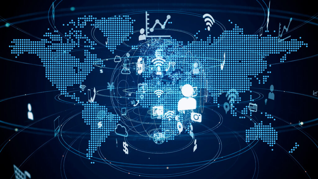 Global network of interconnected blue nodes.